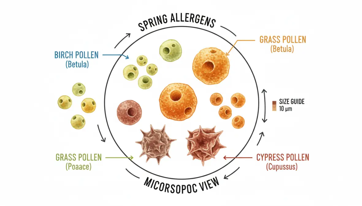 Tipi di pollini primaverili al microscopio: betulla, graminacee e cipresso