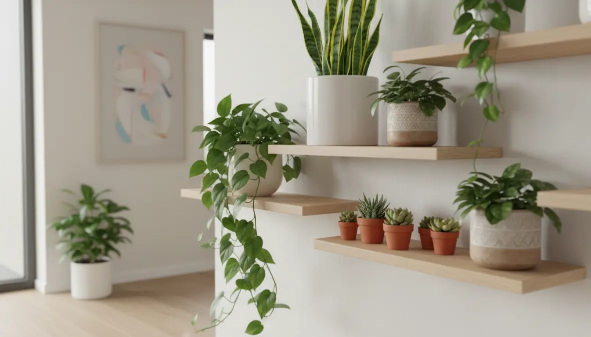 Angolo verde domestico con piante da interno su mensole decorative e vasi moderni