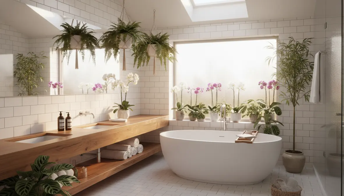 Bagno arredato con piante tropicali che amano l'umidità come felci e orchidee