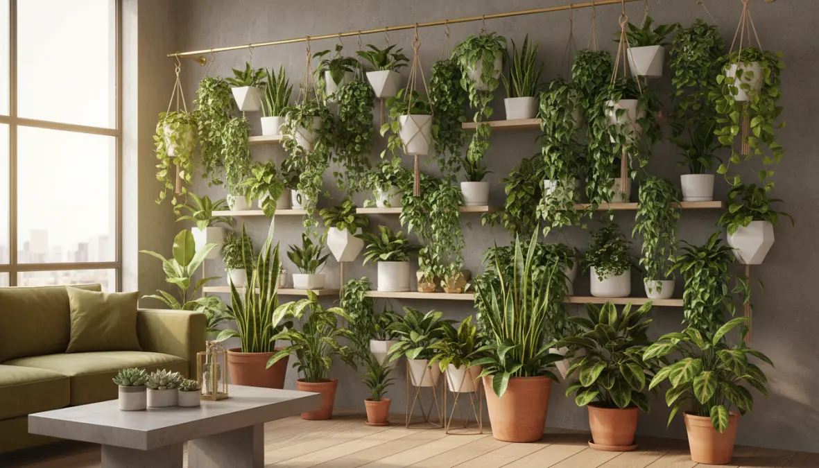 Parete verticale con composizione di piante pensili e portavasi per arredamento urban jungle