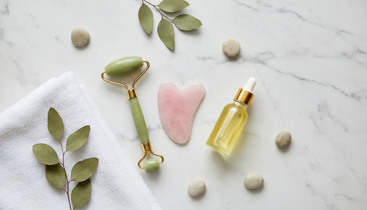 Strumenti e oli naturali per automassaggio viso quotidiano nella skincare routine