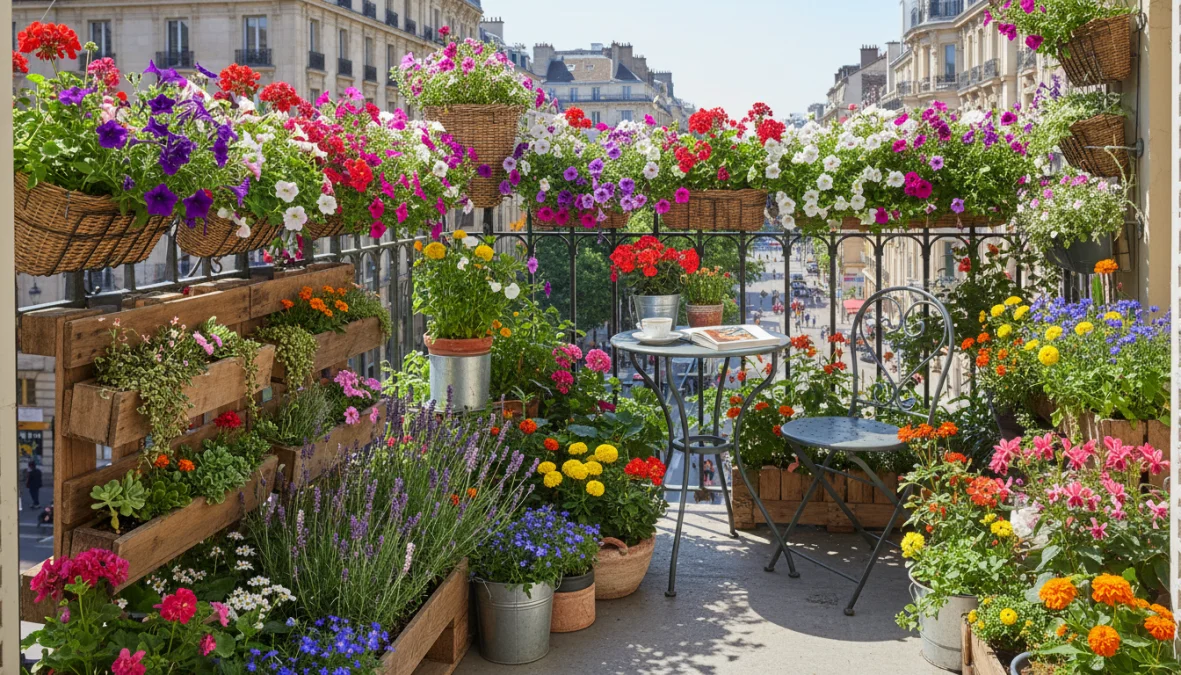Balcone fiorito con piante colorate e vasi disposti in modo creativo
