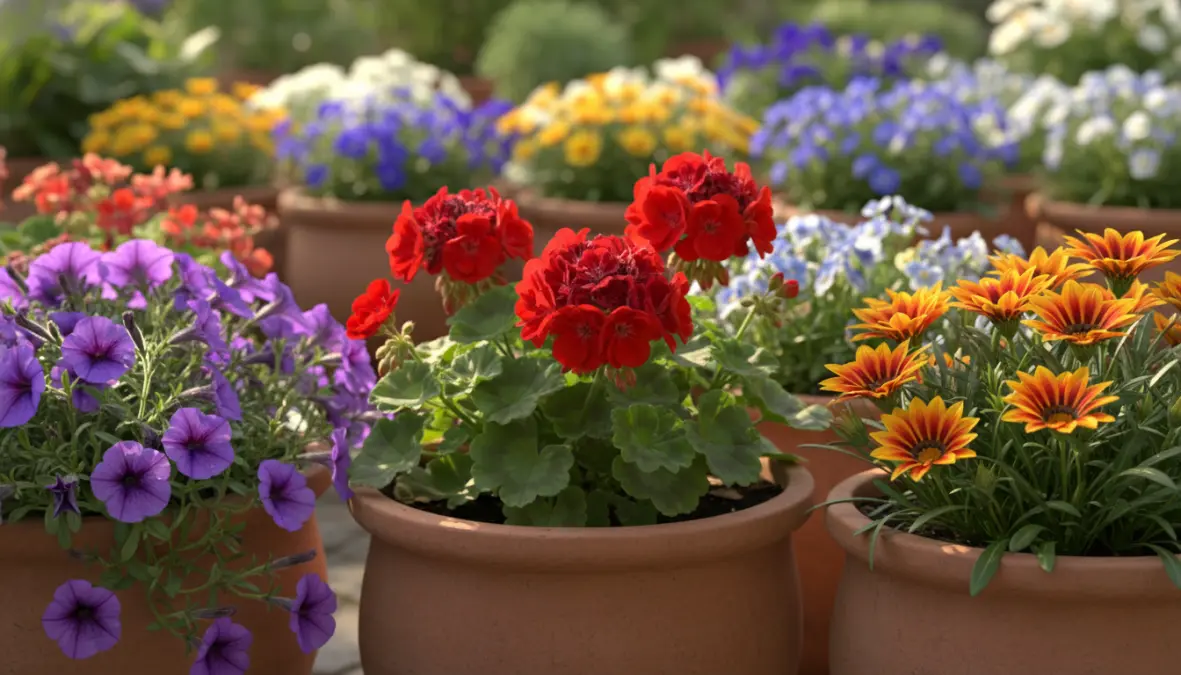 Fiori da balcone soleggiato: gerani, petunie e gazanie in vaso