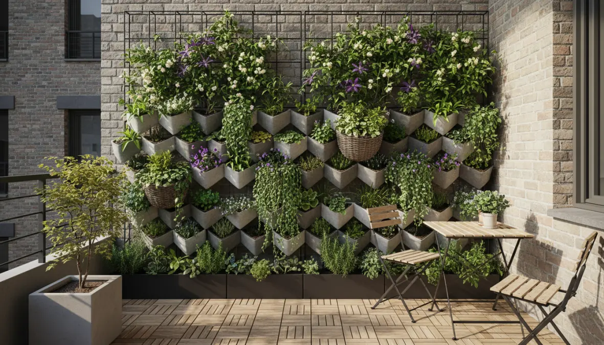 Giardino verticale balcone con fioriere sospese e piante rampicanti