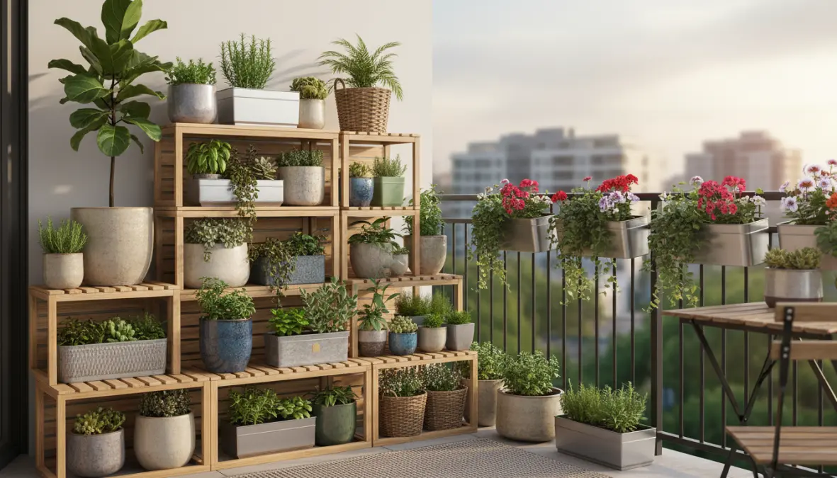 Vasi e fioriere organizzati su balcone piccolo con scaffalature