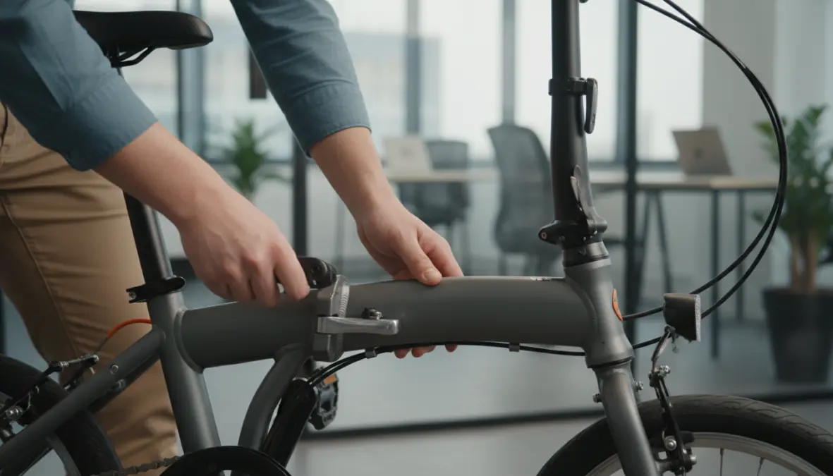 Bici pieghevole urbana durante il processo di piegatura, soluzione pratica per commuting e mezzi pubblici