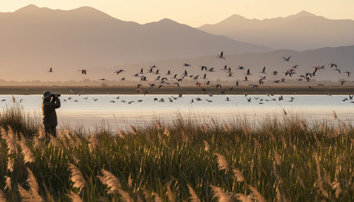 Birdwatching in Italia in una riserva naturalistica con osservatore e uccelli migratori