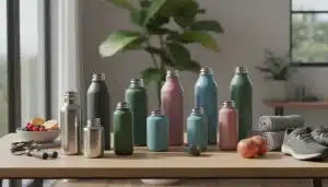 Diverse borracce termiche in acciaio inox di varie dimensioni e colori su tavolo moderno