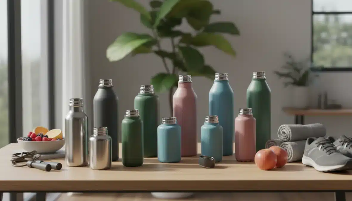 Diverse borracce termiche in acciaio inox di varie dimensioni e colori su tavolo moderno