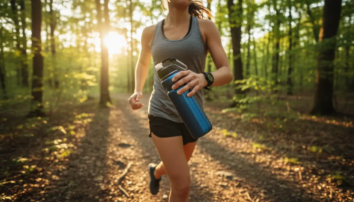 Atleta con borraccia isotermica sport durante allenamento running all'aperto