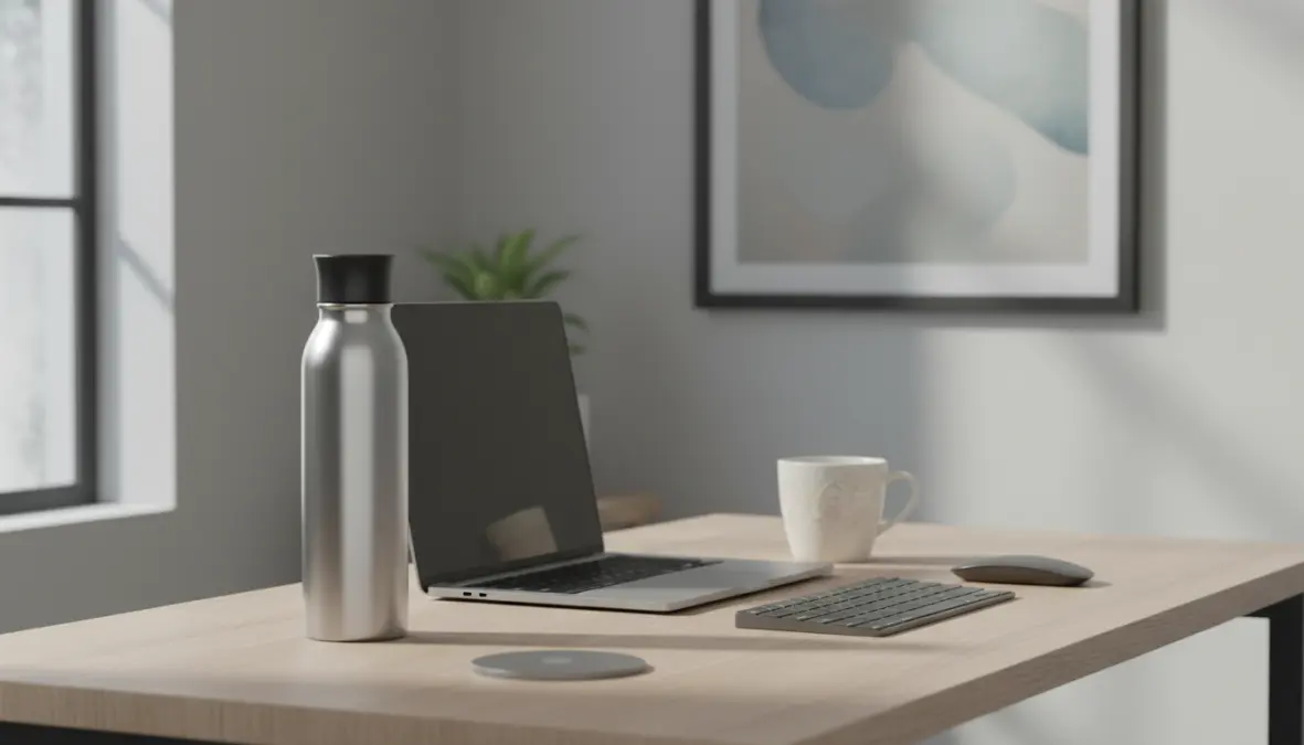 Bottiglia termica elegante sulla scrivania di un ufficio moderno accanto a laptop