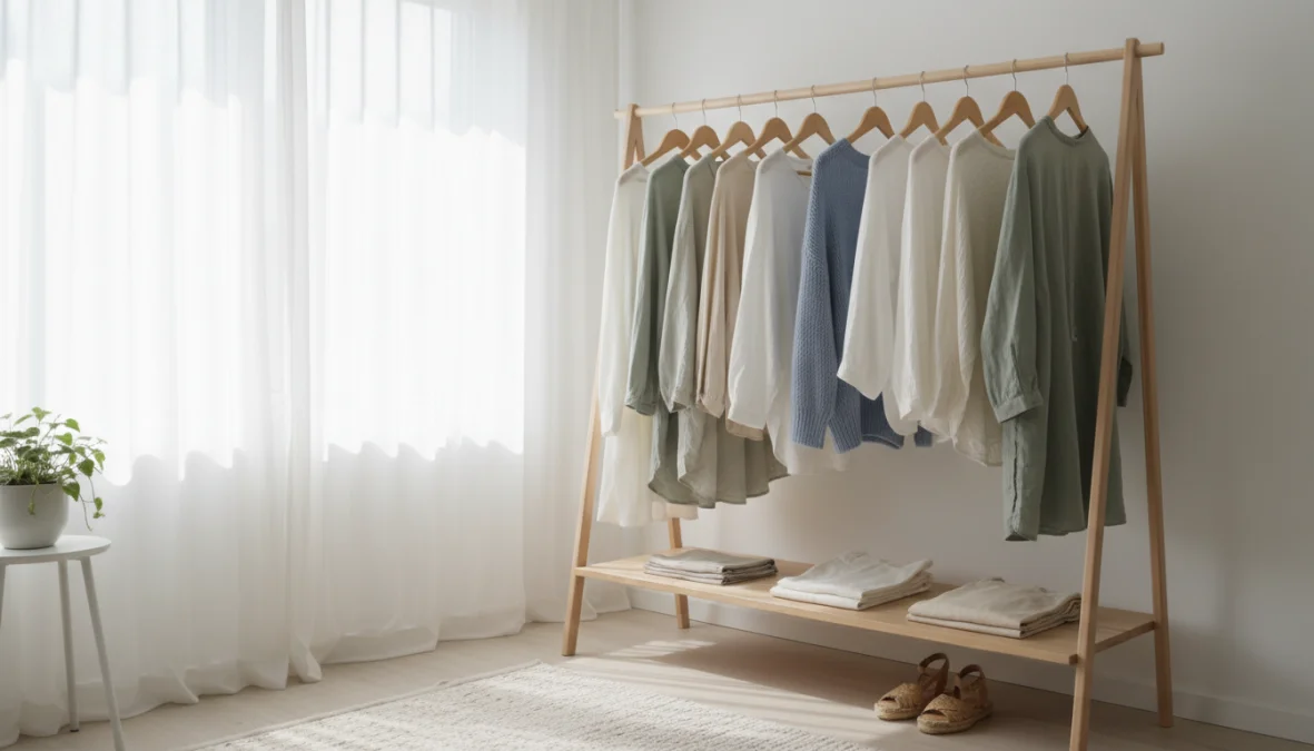 Capsule wardrobe primaverile minimalista con capi essenziali appesi ordinatamente