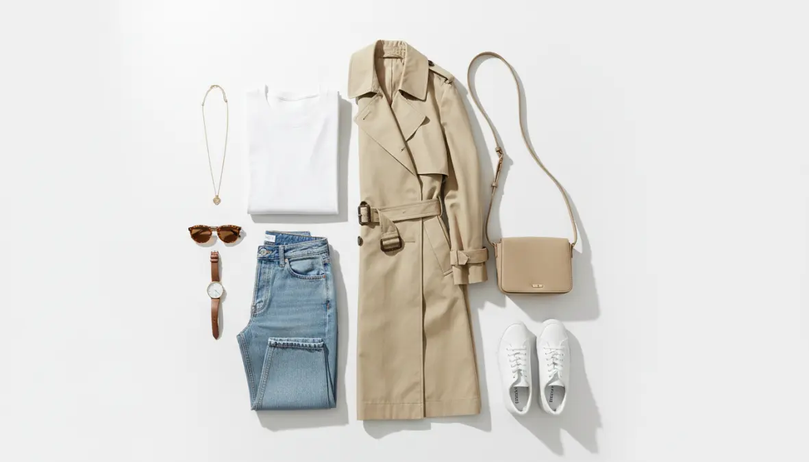 Capi essenziali per capsule wardrobe primaverile disposti in composizione ordinata