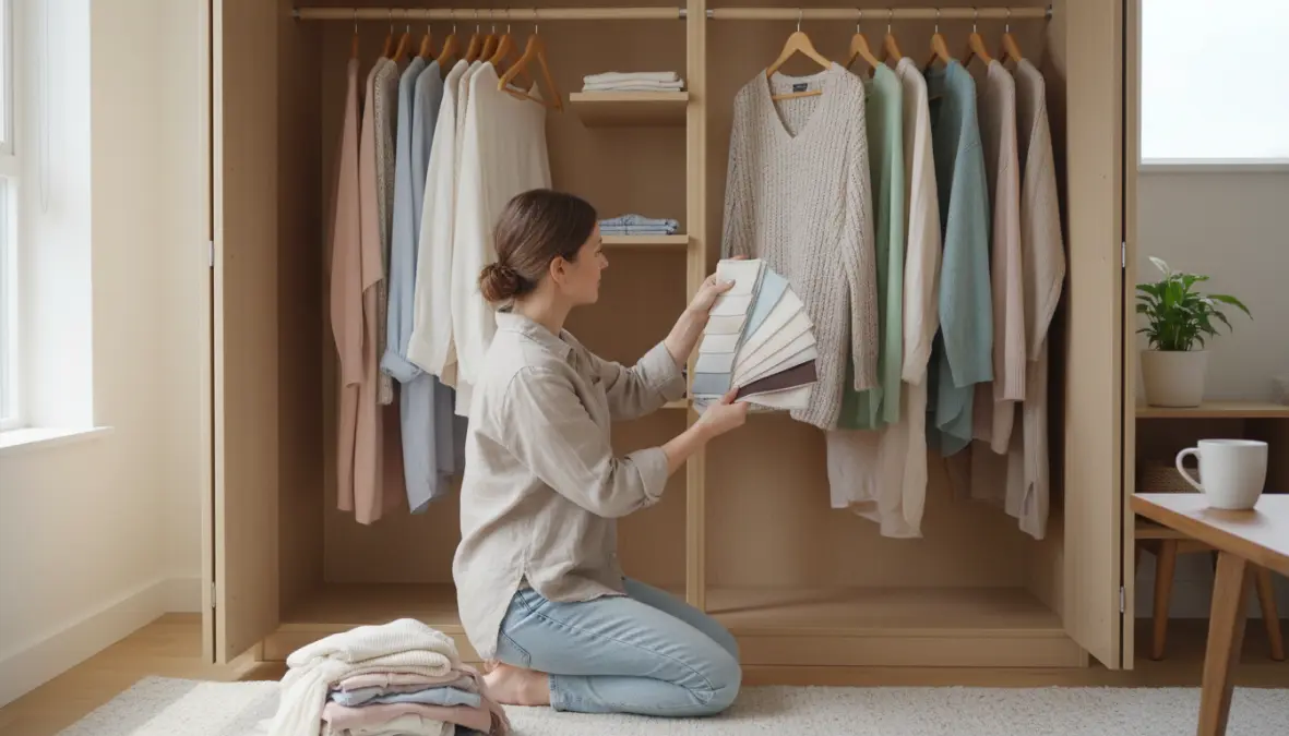 Organizzazione guardaroba minimalista primavera con palette colori neutra
