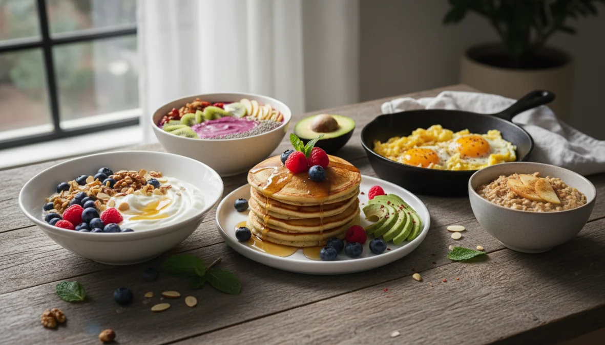 Colazione proteica completa con yogurt greco, pancake proteici, uova e frutta fresca su tavolo di legno