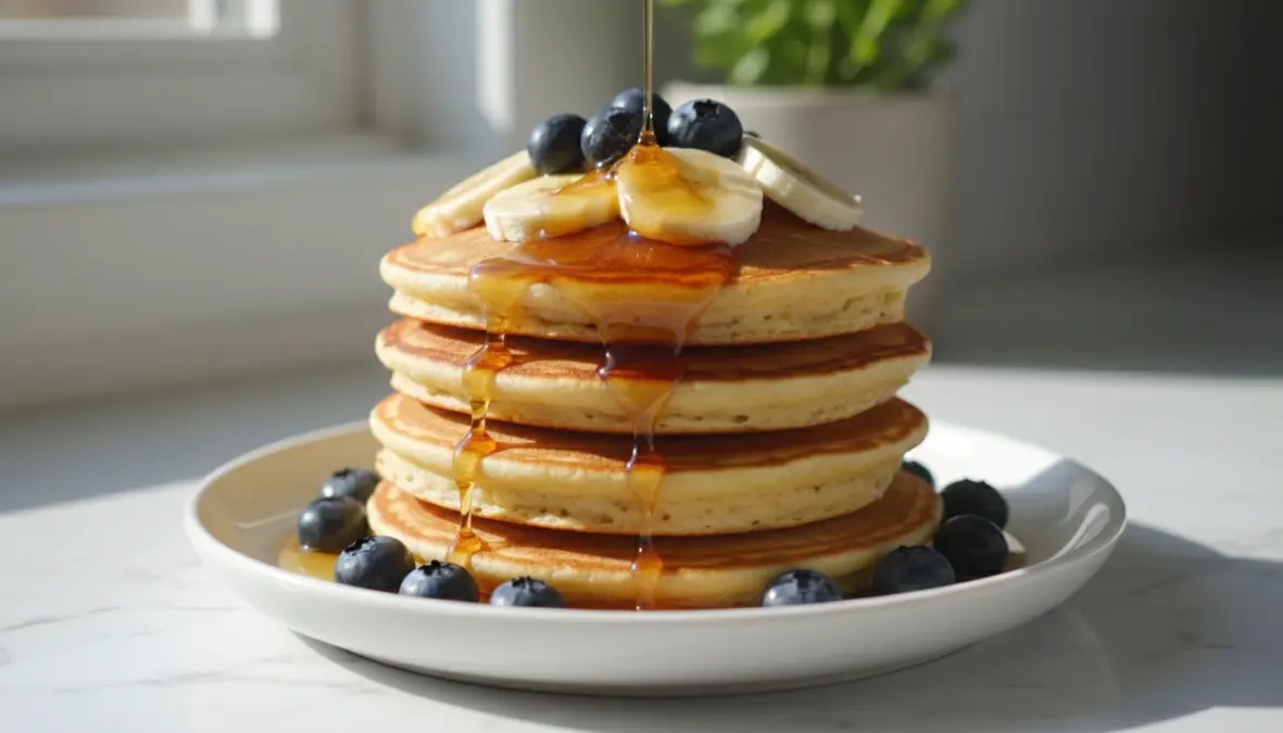 Pancake proteici con frutti di bosco e sciroppo d'acero per colazione fitness
