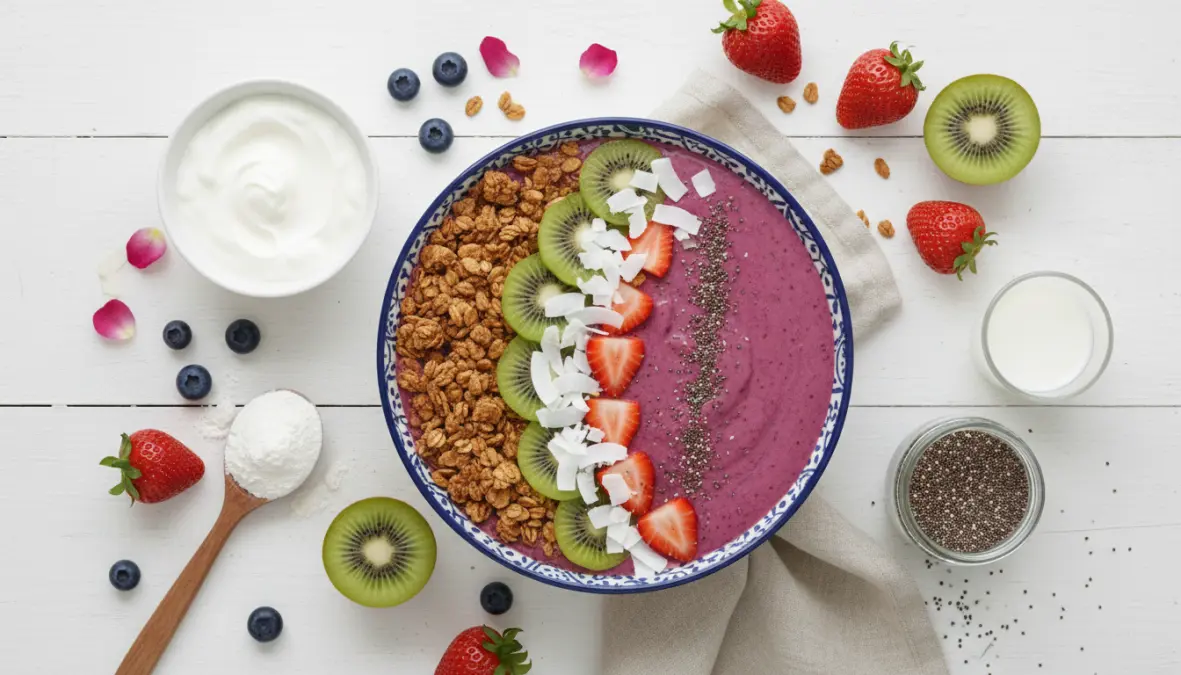 Smoothie bowl proteico con frutta fresca e semi per colazione nutriente