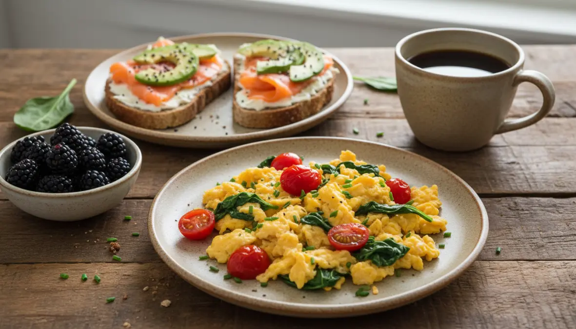 Colazione salata proteica con uova strapazzate, salmone e avocado