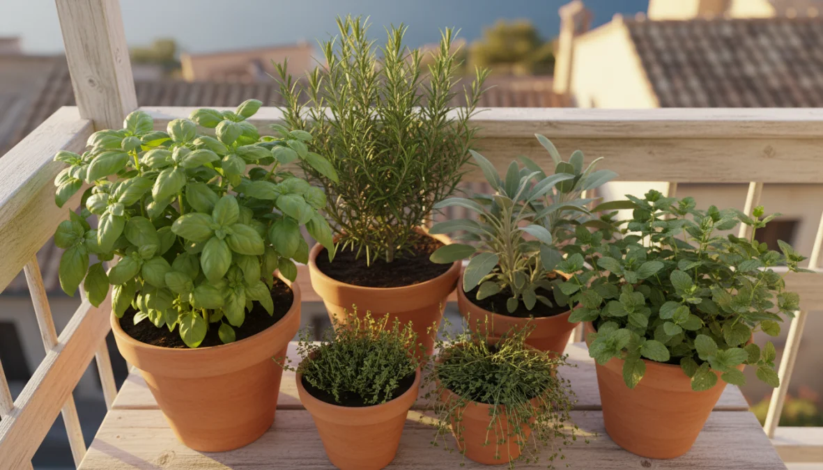 Coltivare erbe aromatiche in vaso sul balcone con basilico, rosmarino e salvia