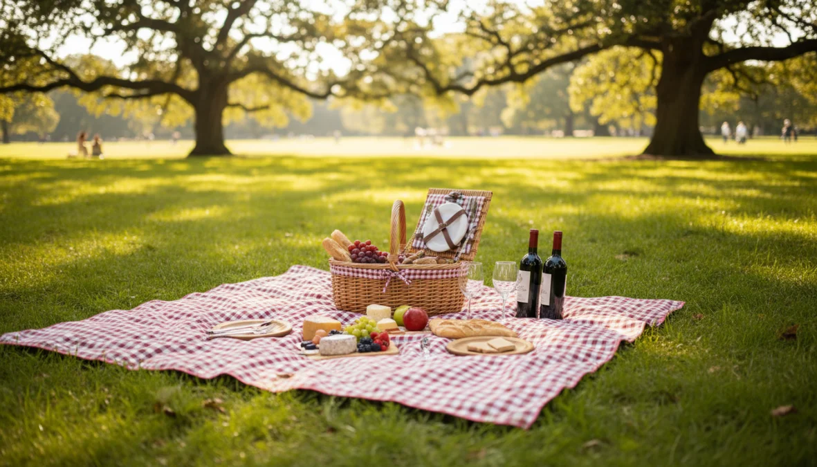 Scena di picnic perfetto organizzato su un prato con cestino, coperta e cibo
