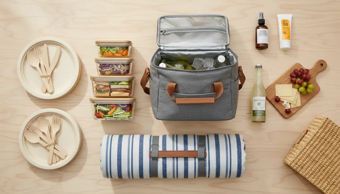 Attrezzatura indispensabile per organizzare un picnic: borsa termica, coperta e posate