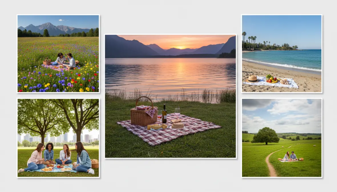 Diverse location ideali per organizzare un picnic all'aperto: parco, lago e montagna