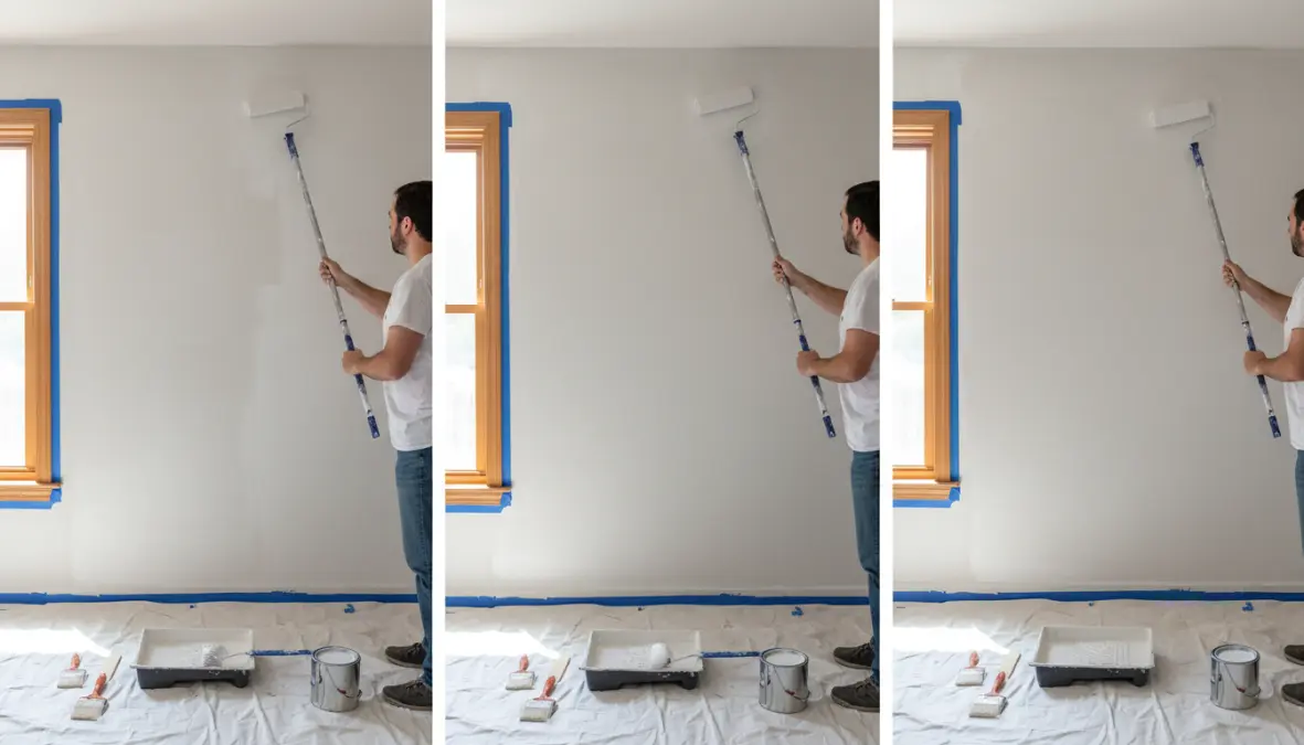 Preparazione pareti con primer e applicazione mano di fondo prima della tinteggiatura