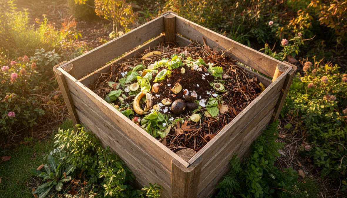 Compostiera da giardino per compostaggio domestico con scarti organici e rifiuti vegetali