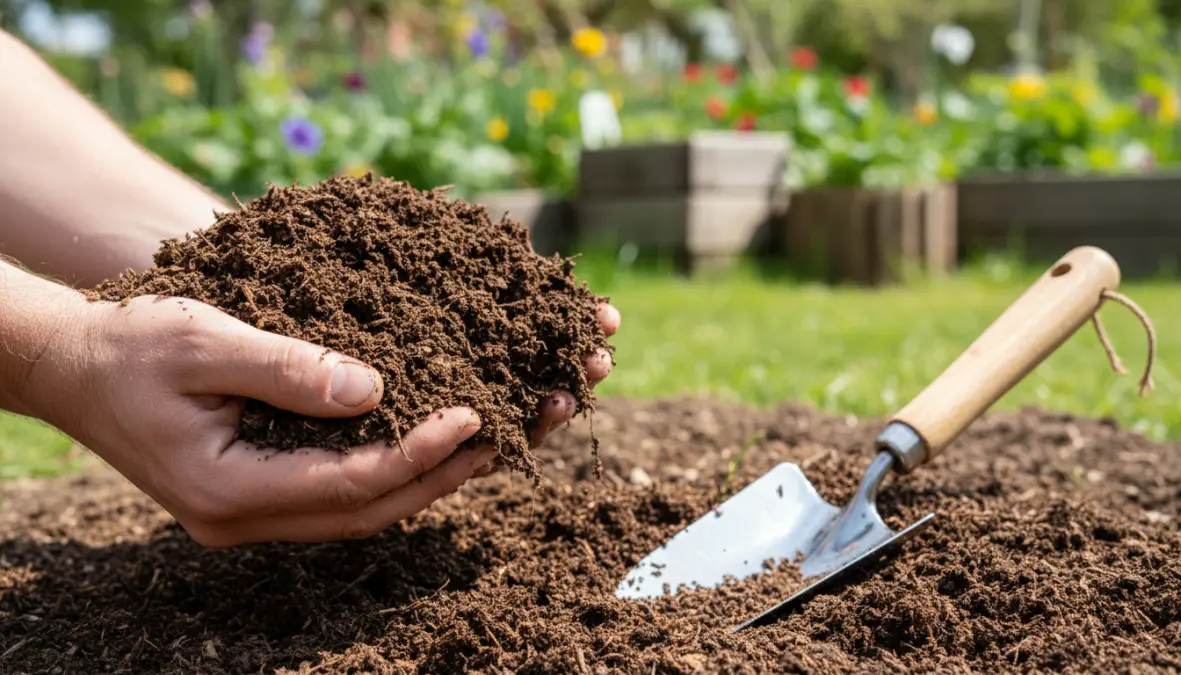 Humus di compost domestico maturo pronto per essere usato come fertilizzante naturale nell'orto