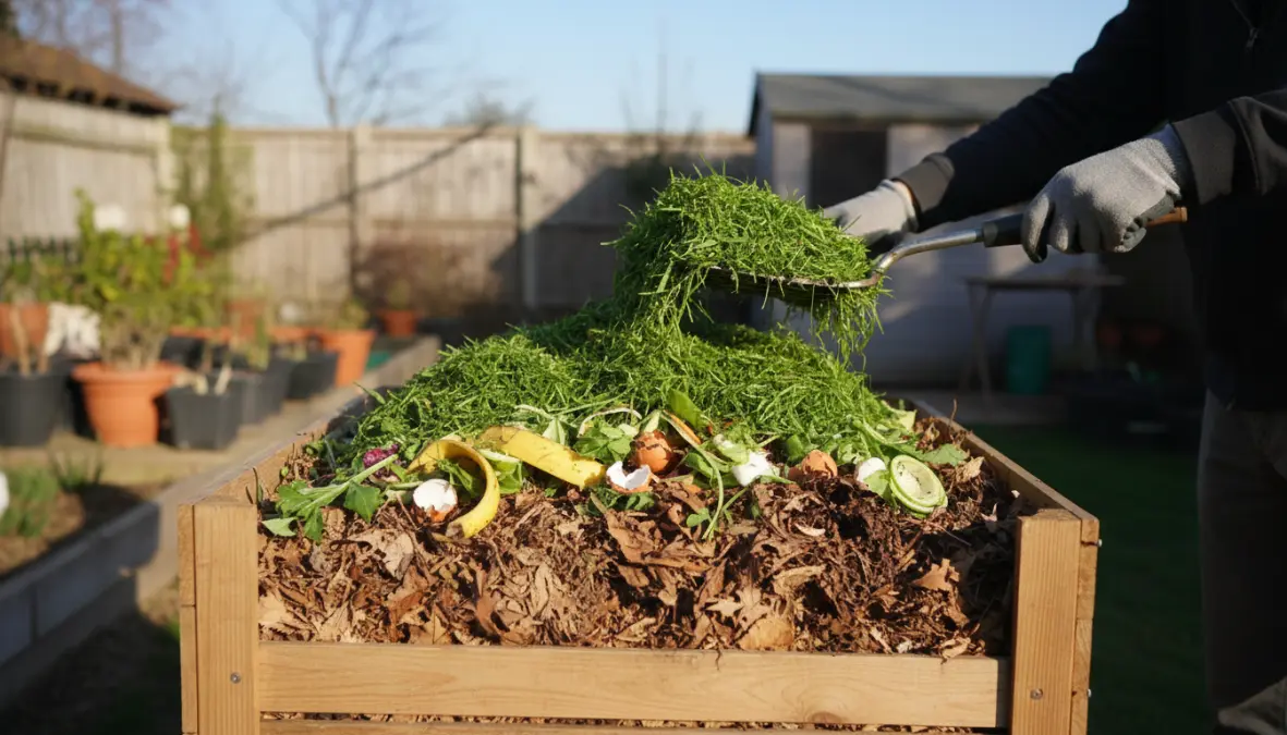 Stratificazione corretta di materiali nella compostiera con scarti vegetali verdi e marroni per decomposizione aerobica
