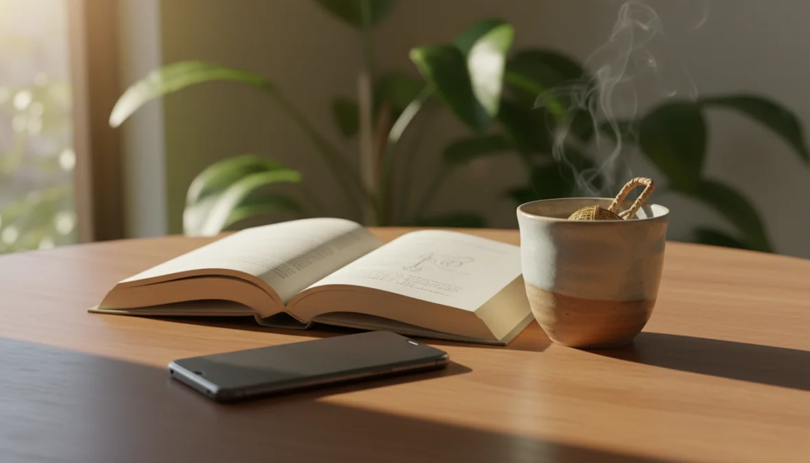 Detox digitale: smartphone spento accanto a libro e tè per disconnessione consapevole
