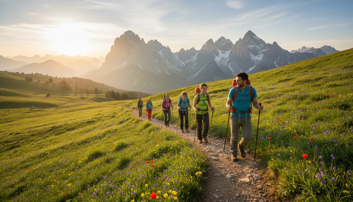 Escursionisti principianti su sentiero di montagna in primavera con fiori e natura rigogliosa