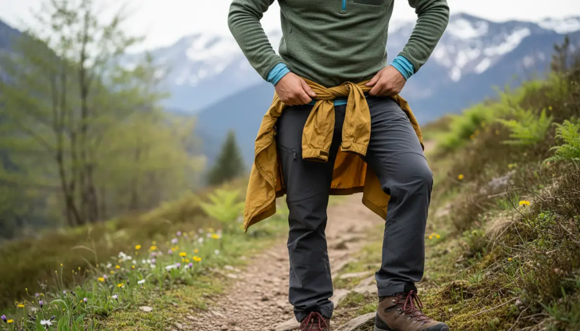 Scarpe da trekking per principianti e sistema abbigliamento a strati per escursionismo primaverile