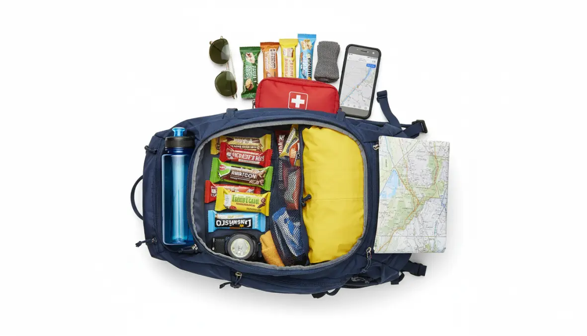 Zaino escursionismo con accessori indispensabili per principianti: acqua, kit primo soccorso e attrezzatura base