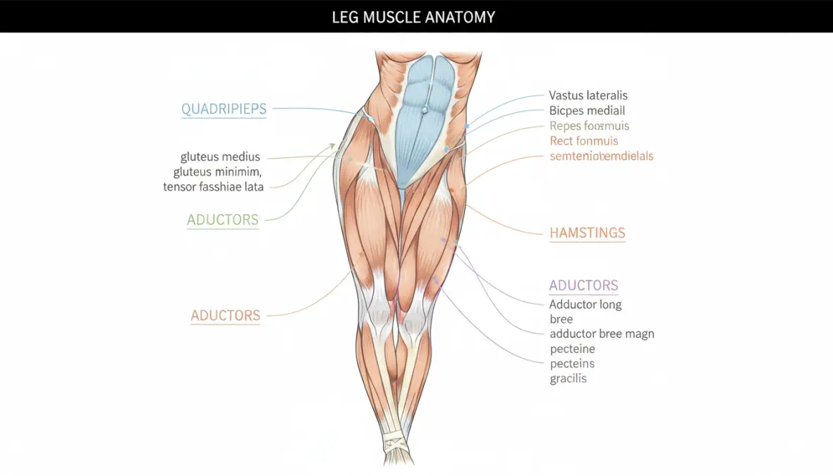 Anatomia muscolare delle gambe con adduttori, abduttori e quadricipiti evidenziati