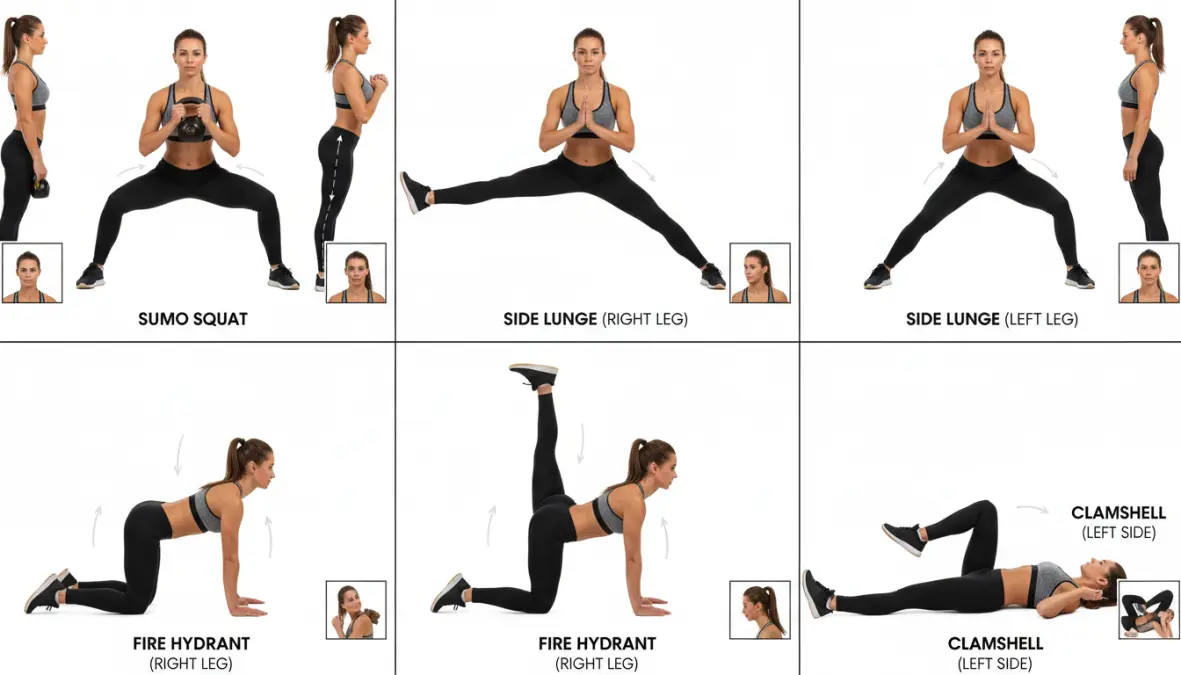 Esercizi per interno ed esterno coscia: sumo squat, affondi laterali e abduzione con elastico