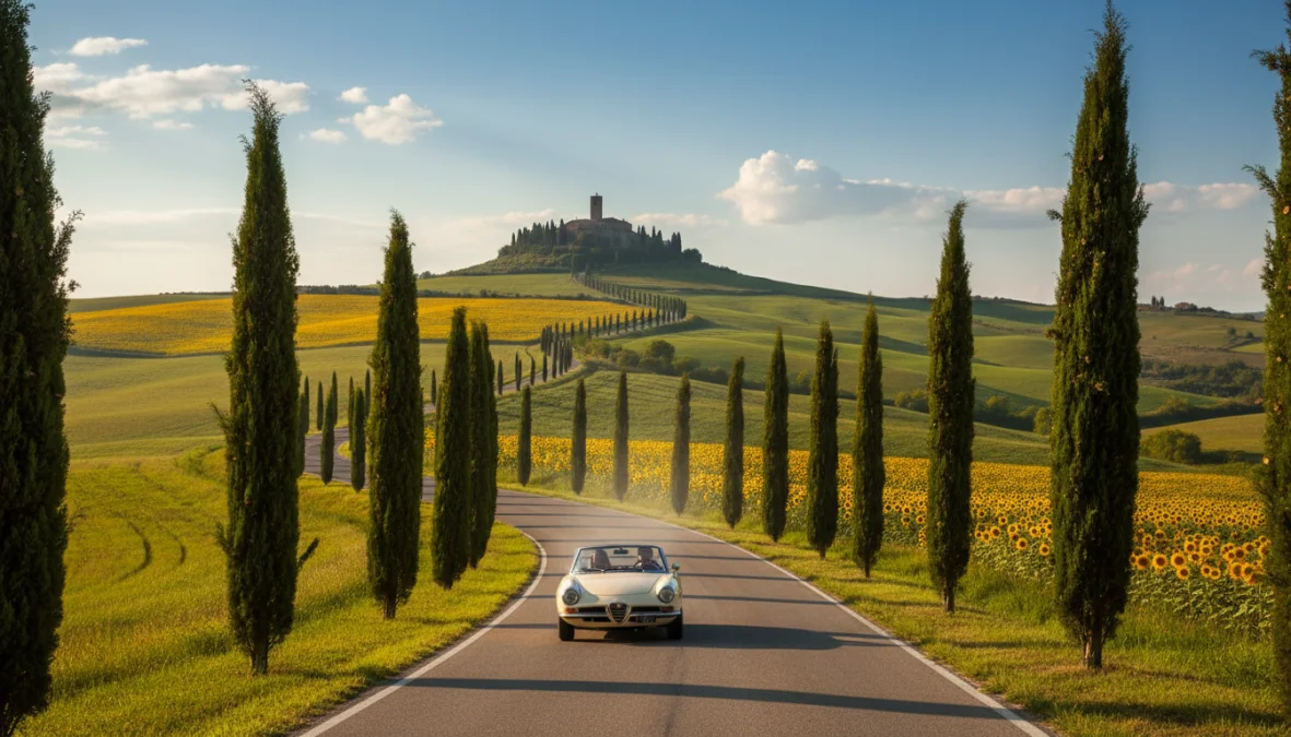 Panorama di una gita fuori porta verso un borgo italiano immerso nella campagna