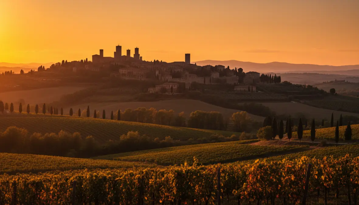 Borgo medievale toscano al tramonto, perfetto per escursioni giornaliere da Firenze