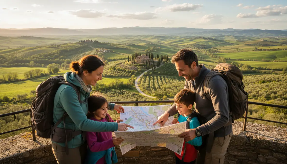 Famiglia che organizza una gita di un giorno esplorando destinazioni vicino città