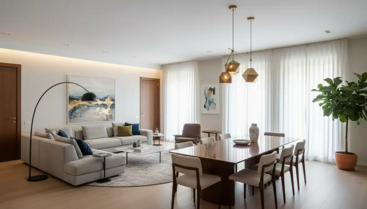 Illuminazione casa moderna con diverse fonti di luce in soggiorno contemporaneo