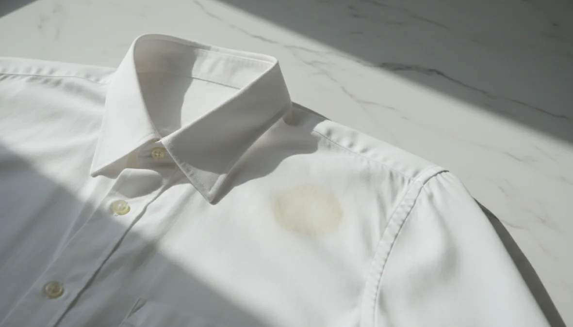 Camicia bianca con macchie gialle di sudore sotto le ascelle su superficie chiara