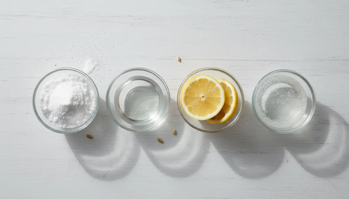 Ingredienti naturali per rimuovere macchie di sudore: bicarbonato, aceto bianco e limone