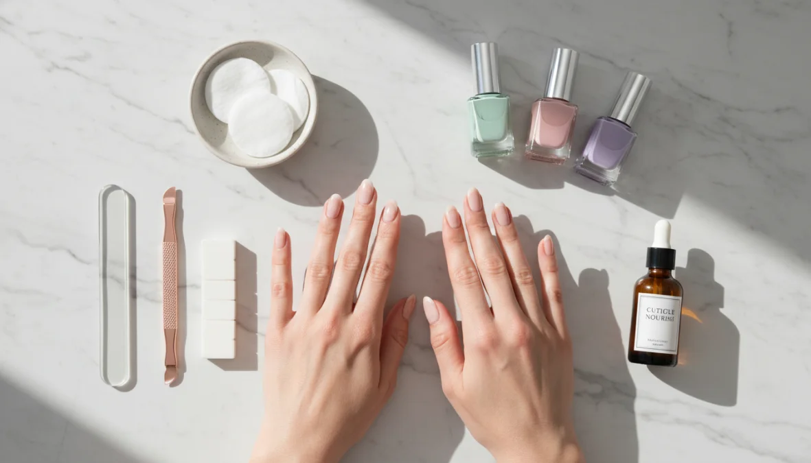 Set completo per manicure a casa con strumenti professionali e smalti su superficie elegante