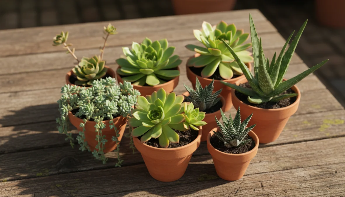 Collezione di piante grasse e succulente in vasi di terracotta su superficie di legno