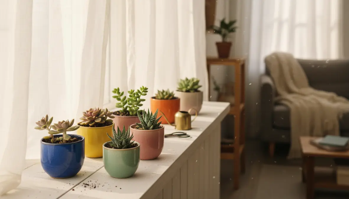 Piante grasse da interno su davanzale illuminato, varietà di succulente in vasi colorati