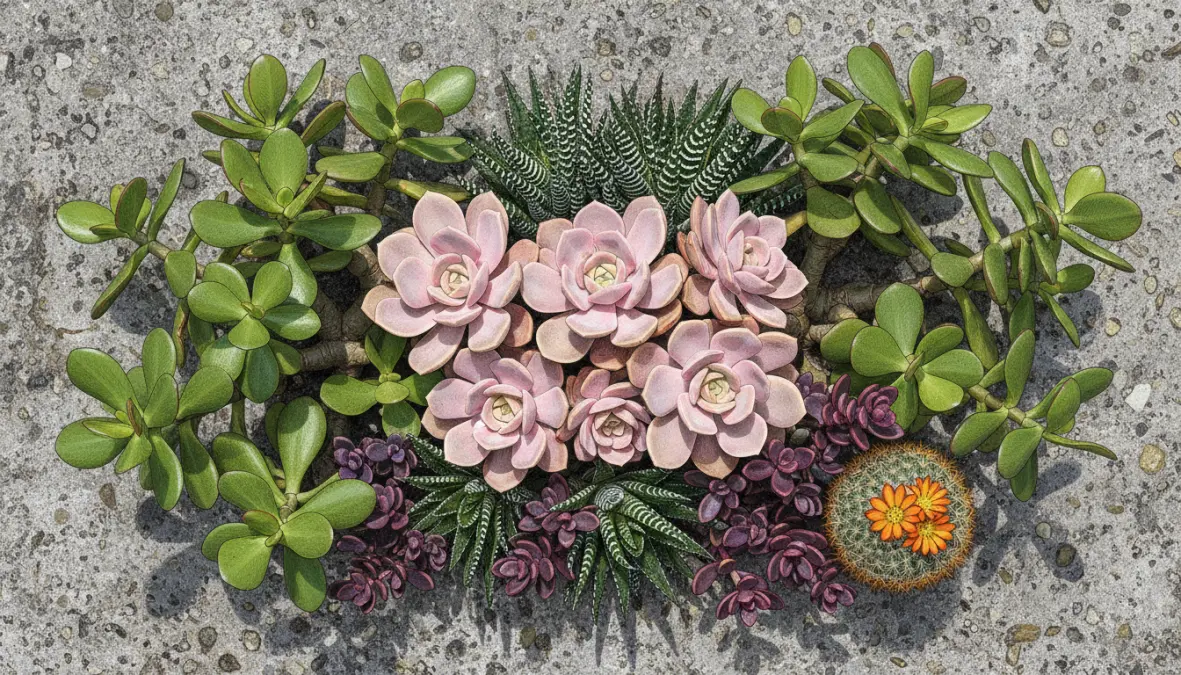 Varietà di piante grasse, diverse specie di succulente con echeveria, crassula e sedum