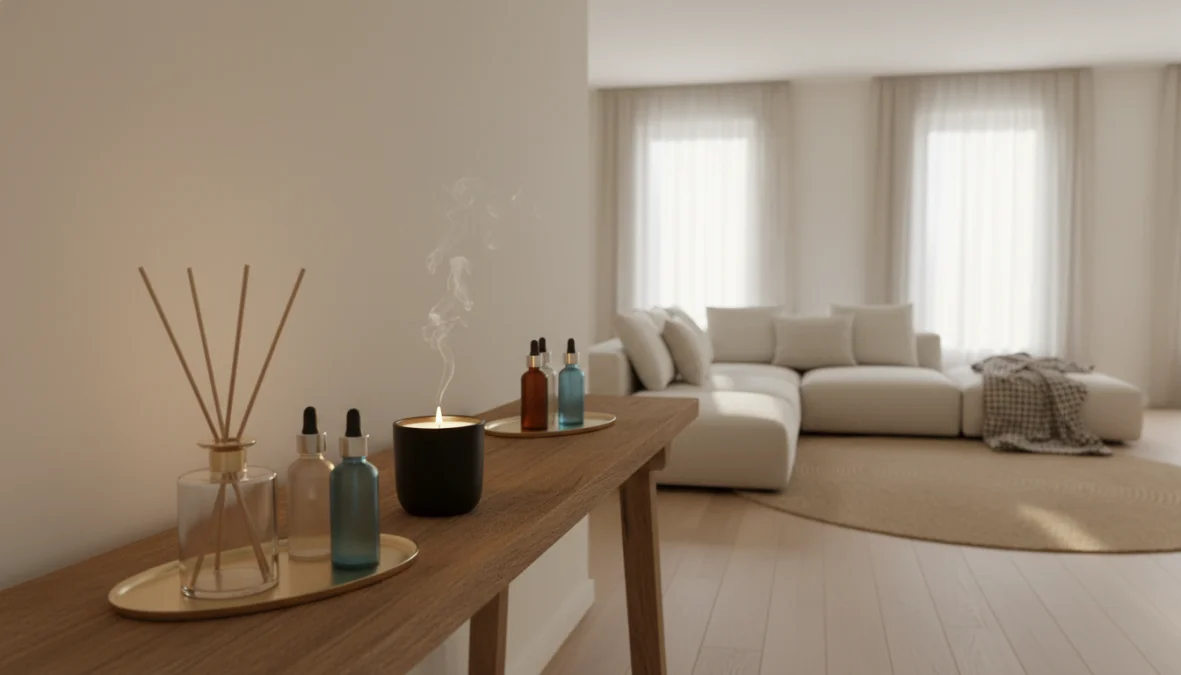 Profumi per ambiente diffusori e candele profumate su tavolo in casa moderna