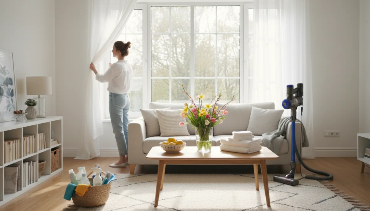 Donna che apre le tende durante le pulizie di primavera in soggiorno luminoso