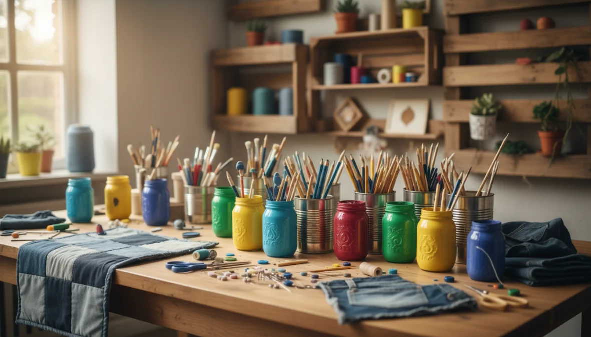 Tavolo da lavoro con progetti di riciclo creativo e materiali riutilizzati