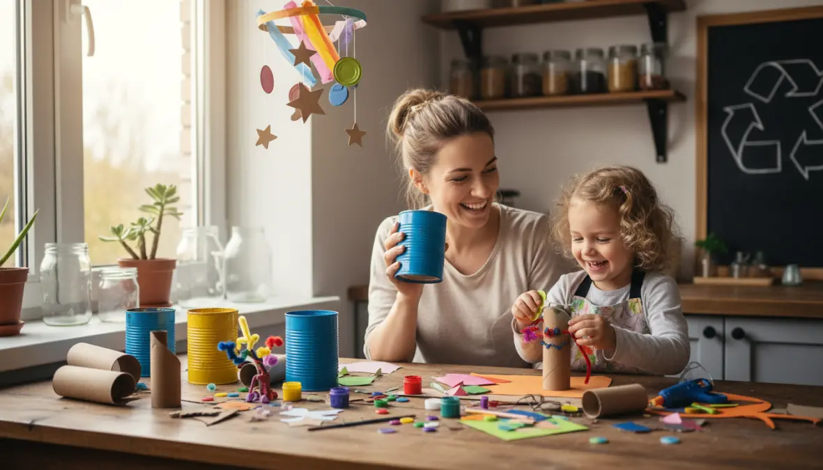 Genitore e bambino che realizzano insieme progetti di riciclo creativo sostenibile